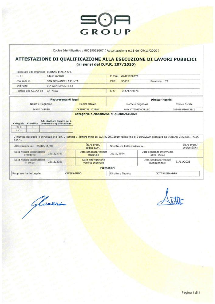 Certificazione Ecosan Italia Srl